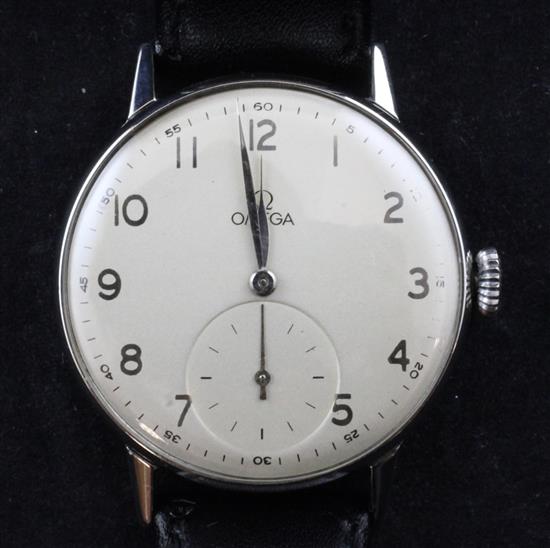 A gentlemans 1940s stainless steel Omega manual wind wrist watch,